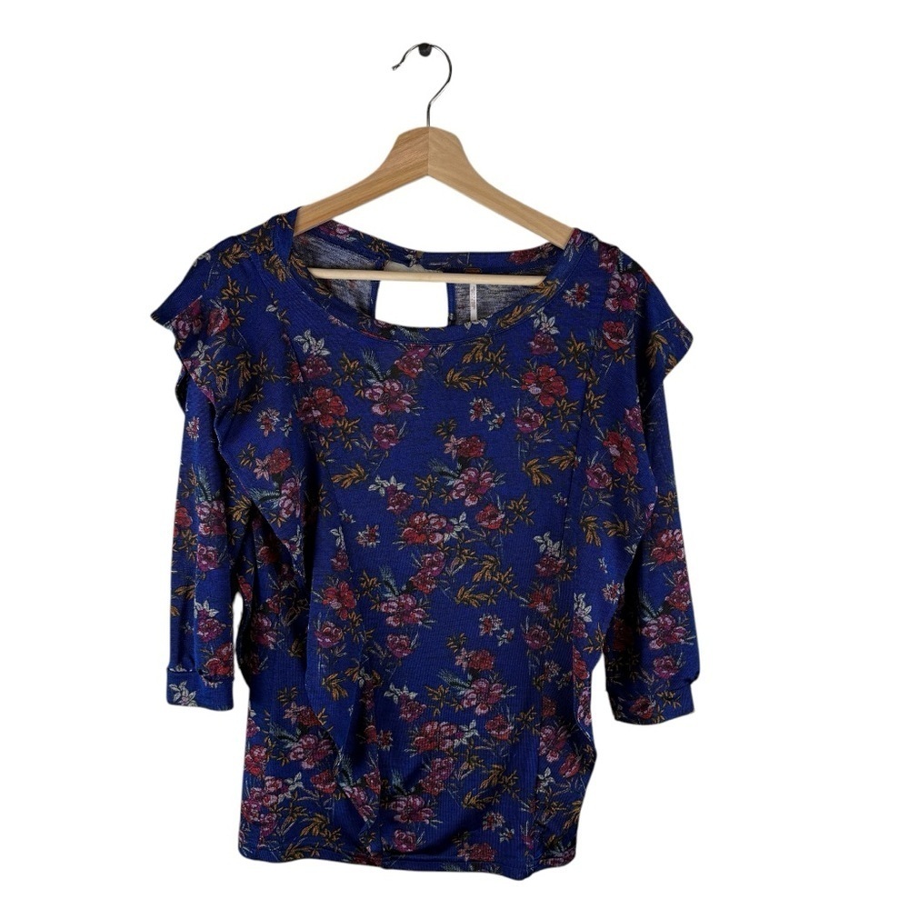 Free People Dock Street Ruffle Blouse Blue Size